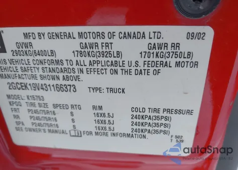 2003 Chevrolet Silverado 1500 из США, поврежденный, VIN 2GCEK19V431166373